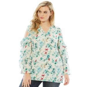 Silk Ruffle Floral Cold-Shoulder Tunic NEW